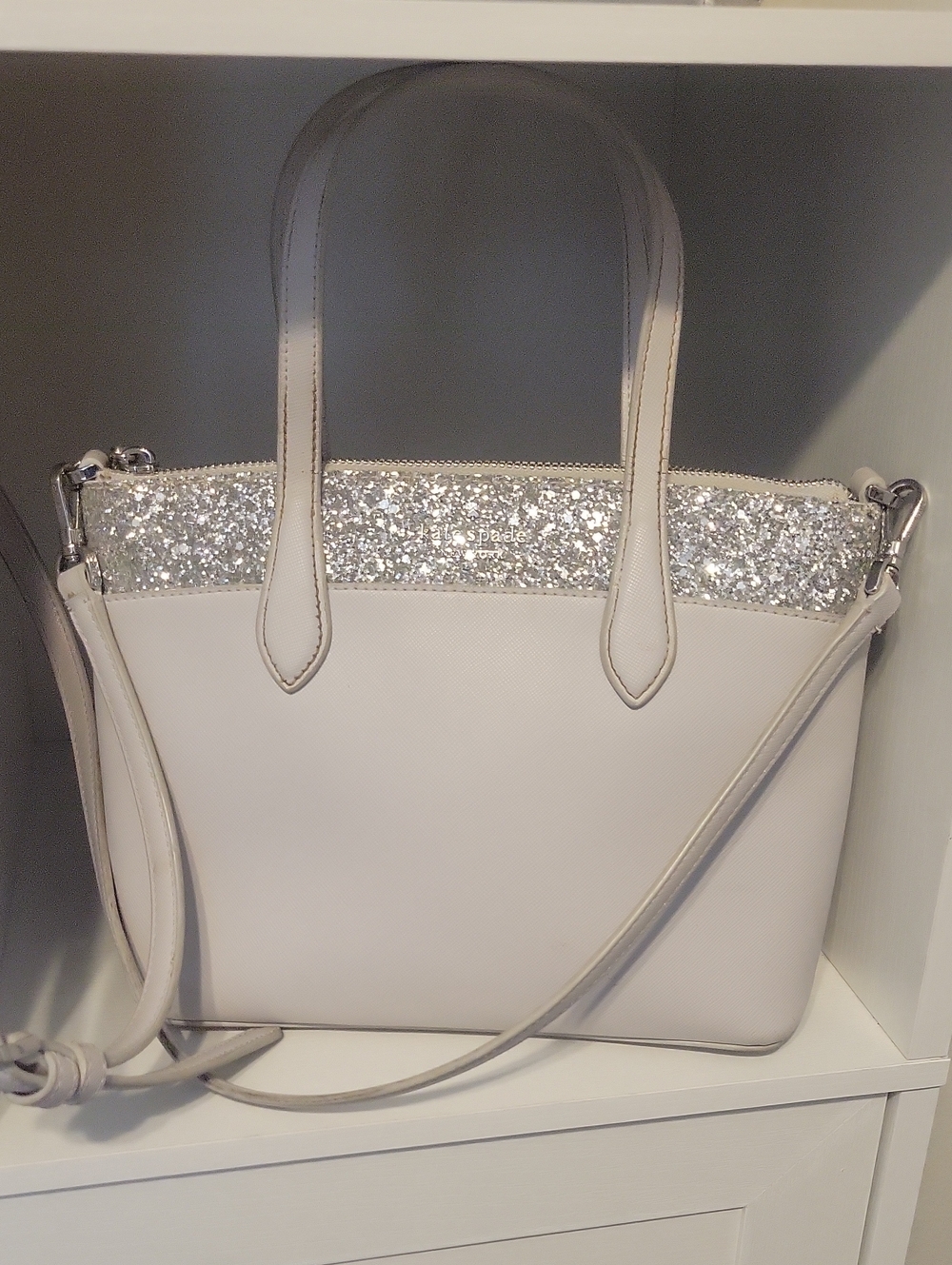 Kate Spade New York White/Silver Glitter Tote Bag Zip Top, Lined Inner Pockets